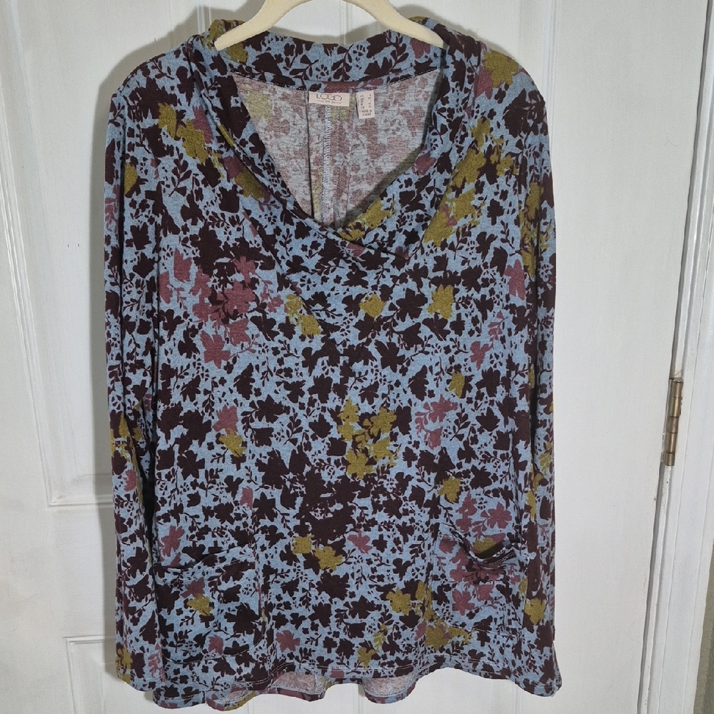 LOGO by Lori Goldstein Blue and Brown Floral Light Sweater
